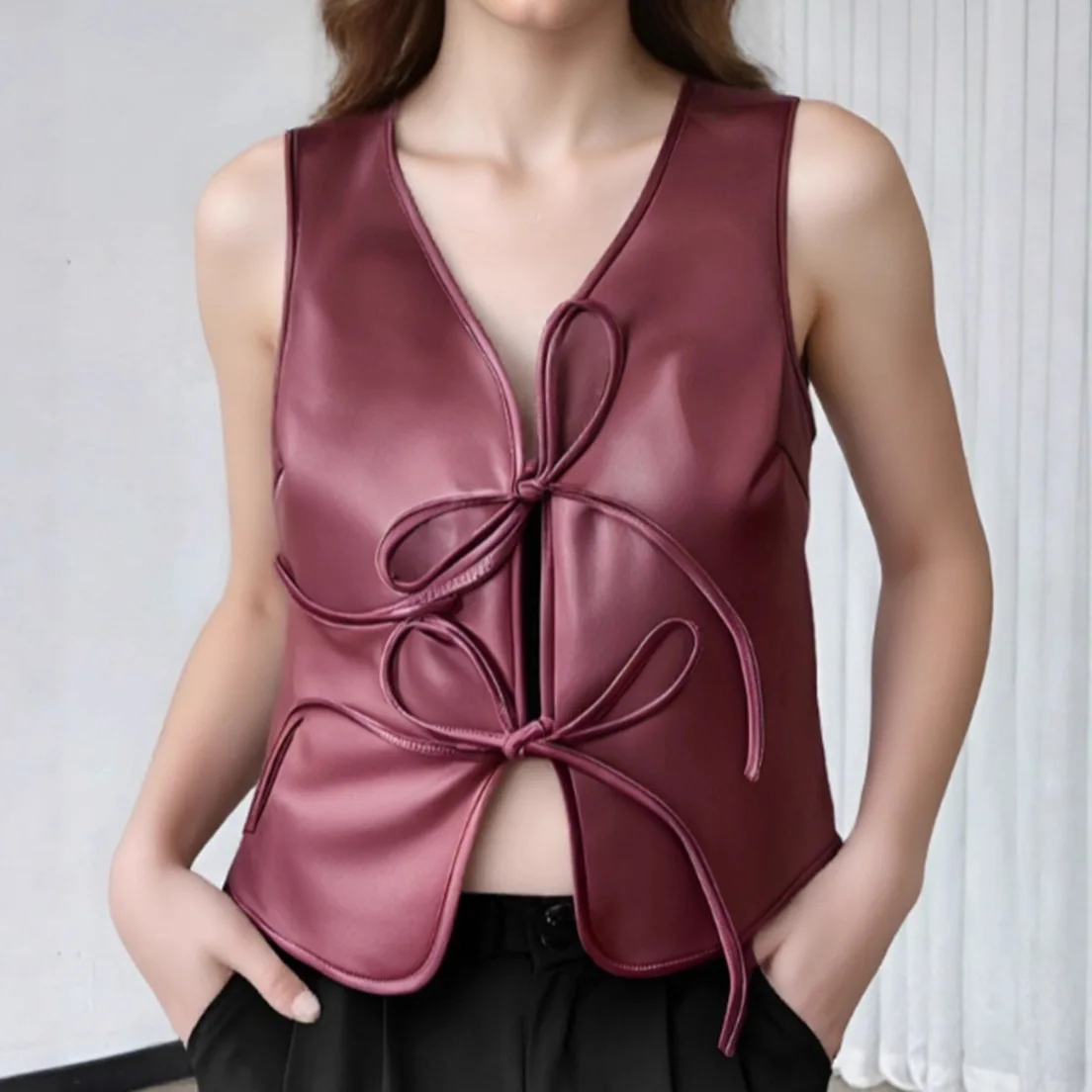 

Women's Sleeveless PU Leather Vest Fashionable Belted Top European Style Versatile Small Vest for Ladies Wholesale