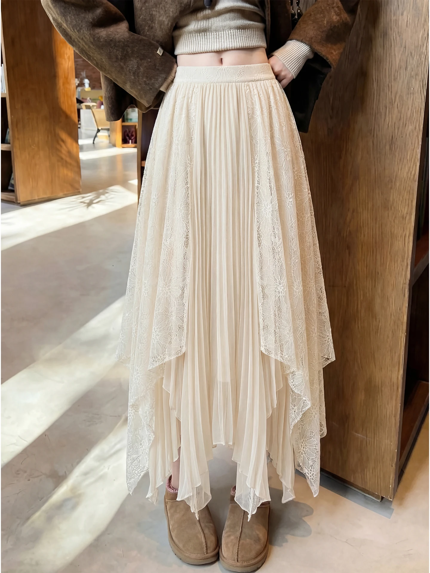 

Весна 2026: Женская плиссированная юбка миди А-силуэта большого размера, мандаринового цвета, с асимметричными кружевными вставками и бахромой, в корейском стиле