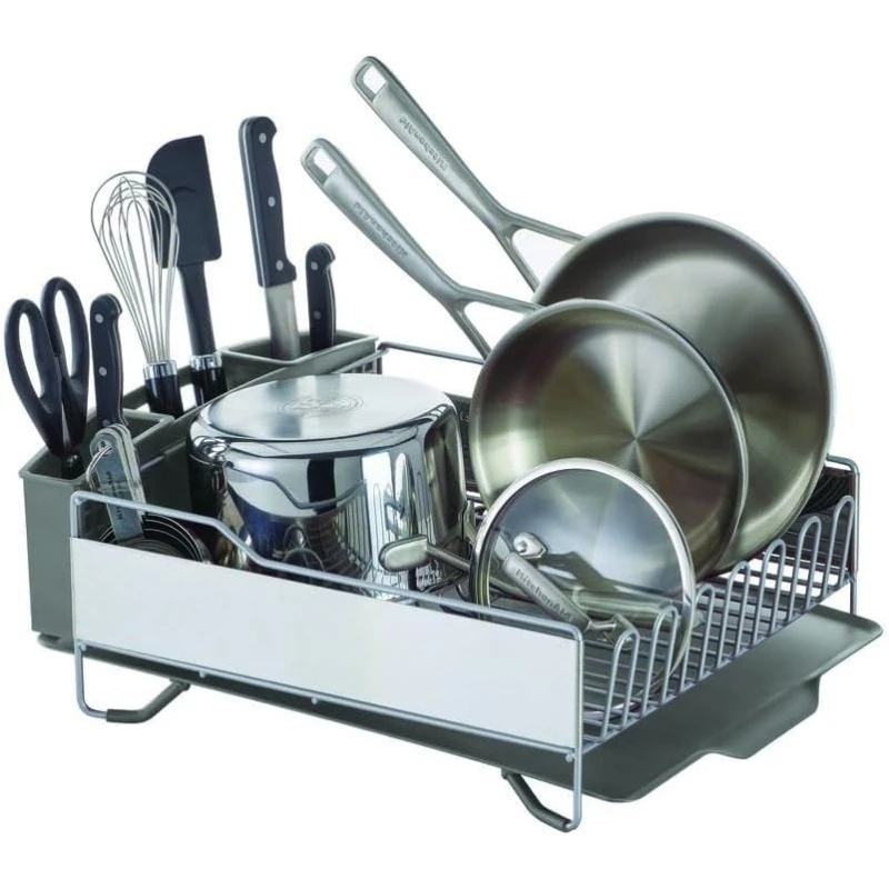 

Large Capacity Full Size Rust Resistant Dish Rack with Angled Drain Board and Removable Flatware Caddy, Light Grey