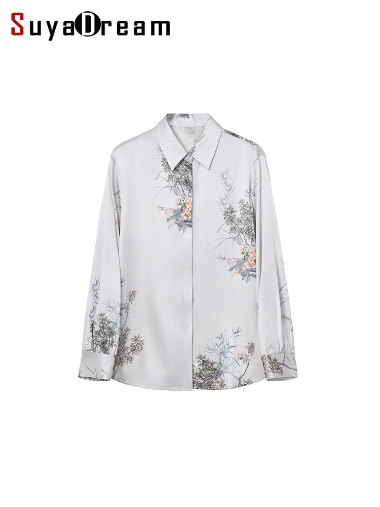 SuyaDream, Woman Floral Shirts, 19.5mm Real Silk, Long Sleeved, Printed Grey Blouses, 2024 Spring Summer Office Lady Top