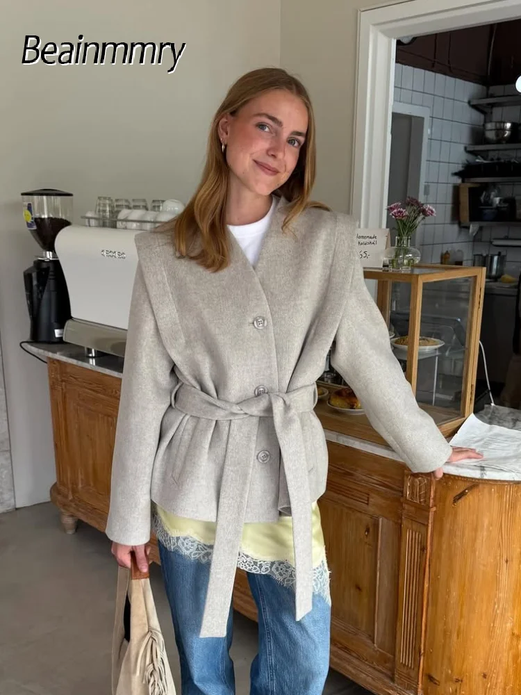 

Chic Lace Up Woolen Coat Women Casual Full Sleeve V-neck Single Breasted Short Belt Overcoat 2025 Autumn High Street Outwear