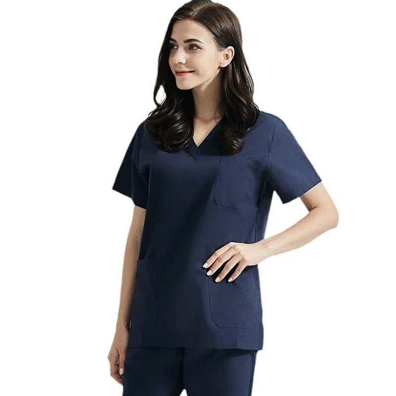 ポリエステル綿製、男女兼用、夏用韓国風半袖薄手スプリットナースドクターガウン