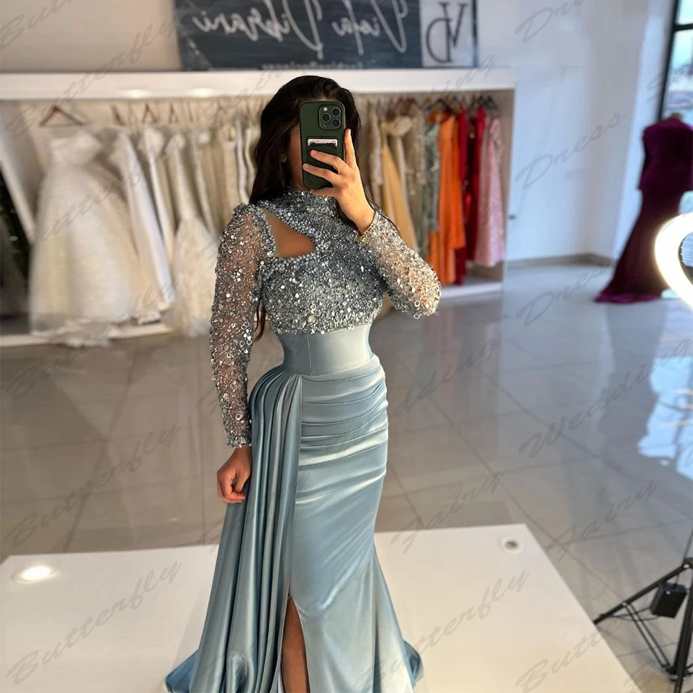 Vintage Elegant Women's Evening Dresses Long sleeved High Necked Mermaid Muslim Princess Prom Gowns Arab Dubai Formal Fashion