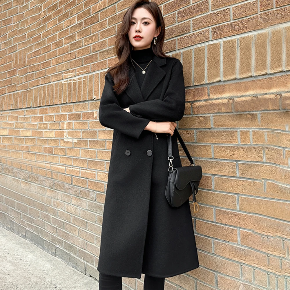 Plus size women's autumn/Winter black casual loose cotton jacket suit collar double-breasted daily commuter overcoat 2024 new