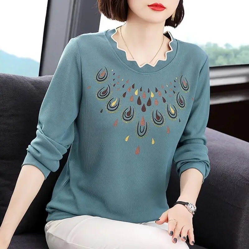 2024 New Spring and Autumn Fashion Temperament Commuting Simple Lace Collar Exquisite Print Relaxed Oversize Versatile T-shirt