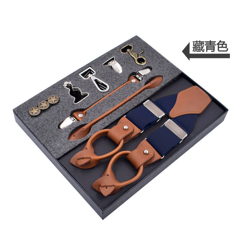 Kit bretelle da uomo in lega di pelle 6 clip bretelle uomo Vintage Casual bretella pantaloni cinturino regalo di natale con ganci