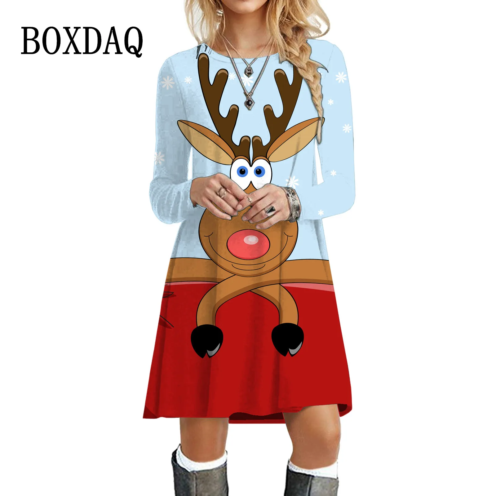 Sweet Cute Christmas Elk Dresses Fashion Elegant Long Sleeve Print Dress Casual Women Christmas Party Dress Oversized Clothing