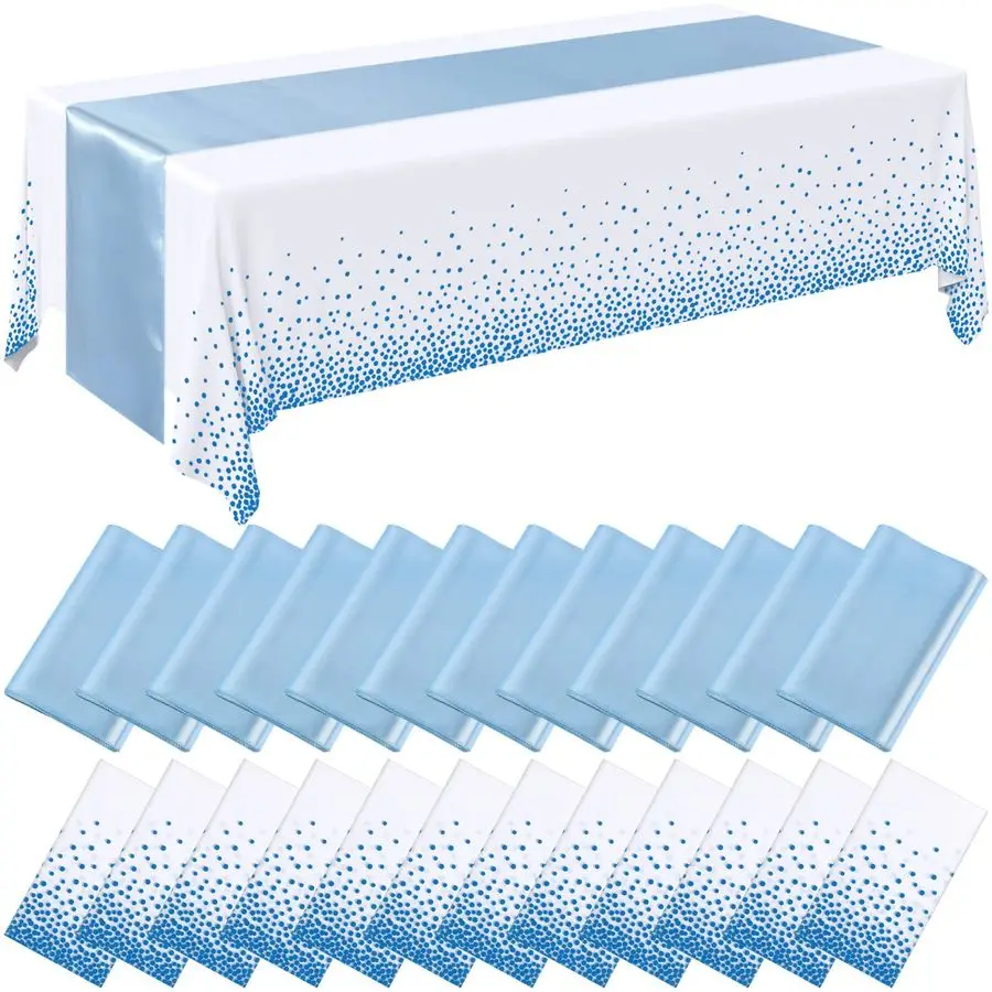 

24 Packs Baby Blue and White Disposable Plastic Tablecloths and Satin Table Runner Set, 54 x 108 Inch Tablecloth, 12 x 108 Inch