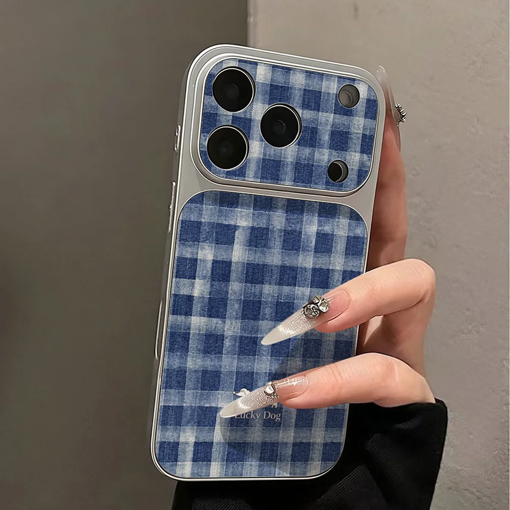 Blue-and-white Checkered Pattern Phone Case For iPhone 18 Pro Max 17 Pro 15 Pro 16 14 13 12 11 Faux leather Surface with lanyard view 2