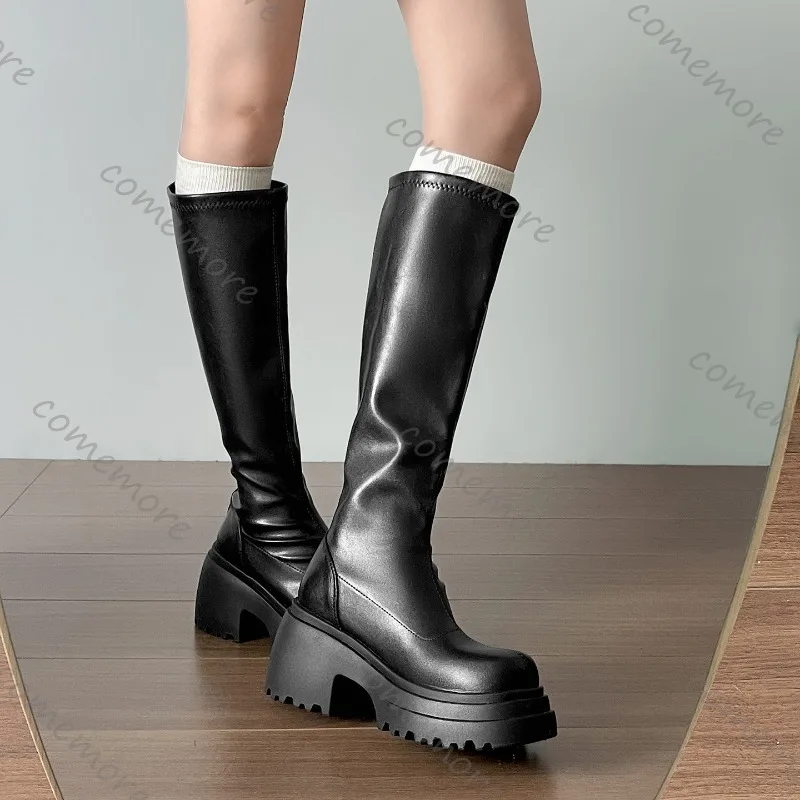 Comemore الأسود الرجعية صندل بكعب مكتنز منصة حذاء برقبة للركبة المرأة الجديدة الخريف الشتاء الجلود عالية الكعب سستة طويلة فارس بوتاس #1
