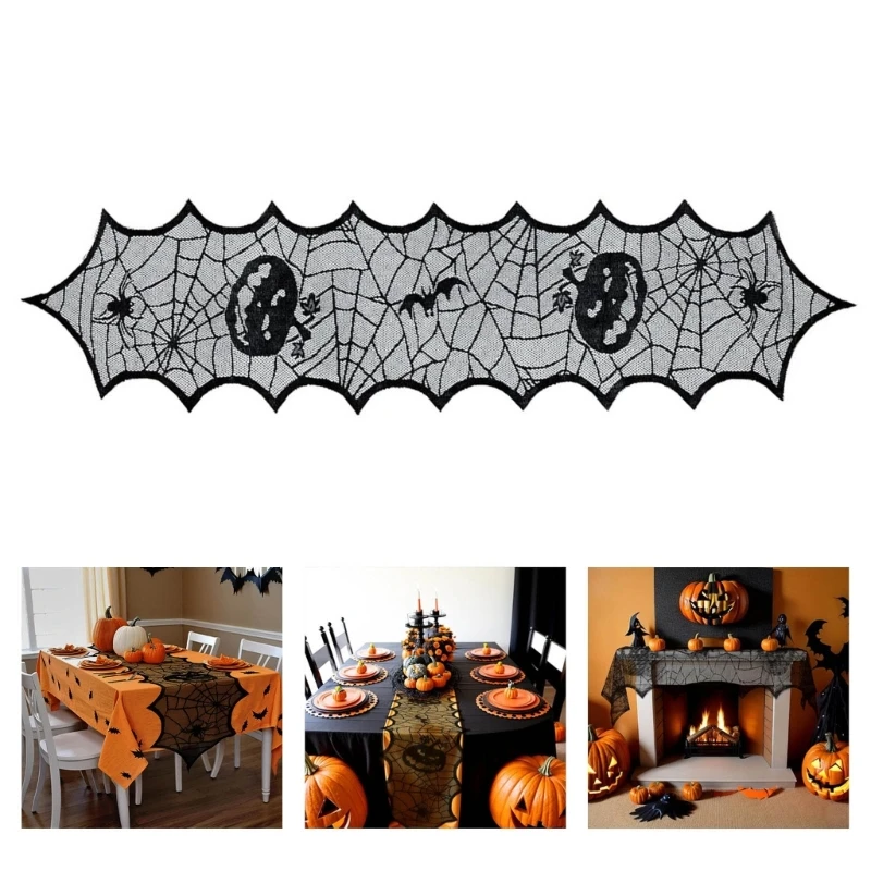 

Spooky Tablecloth Pumpkins Party Table Decoration Rectangular Table Cover Lace Cobweb Pattern for Indoor Festivities