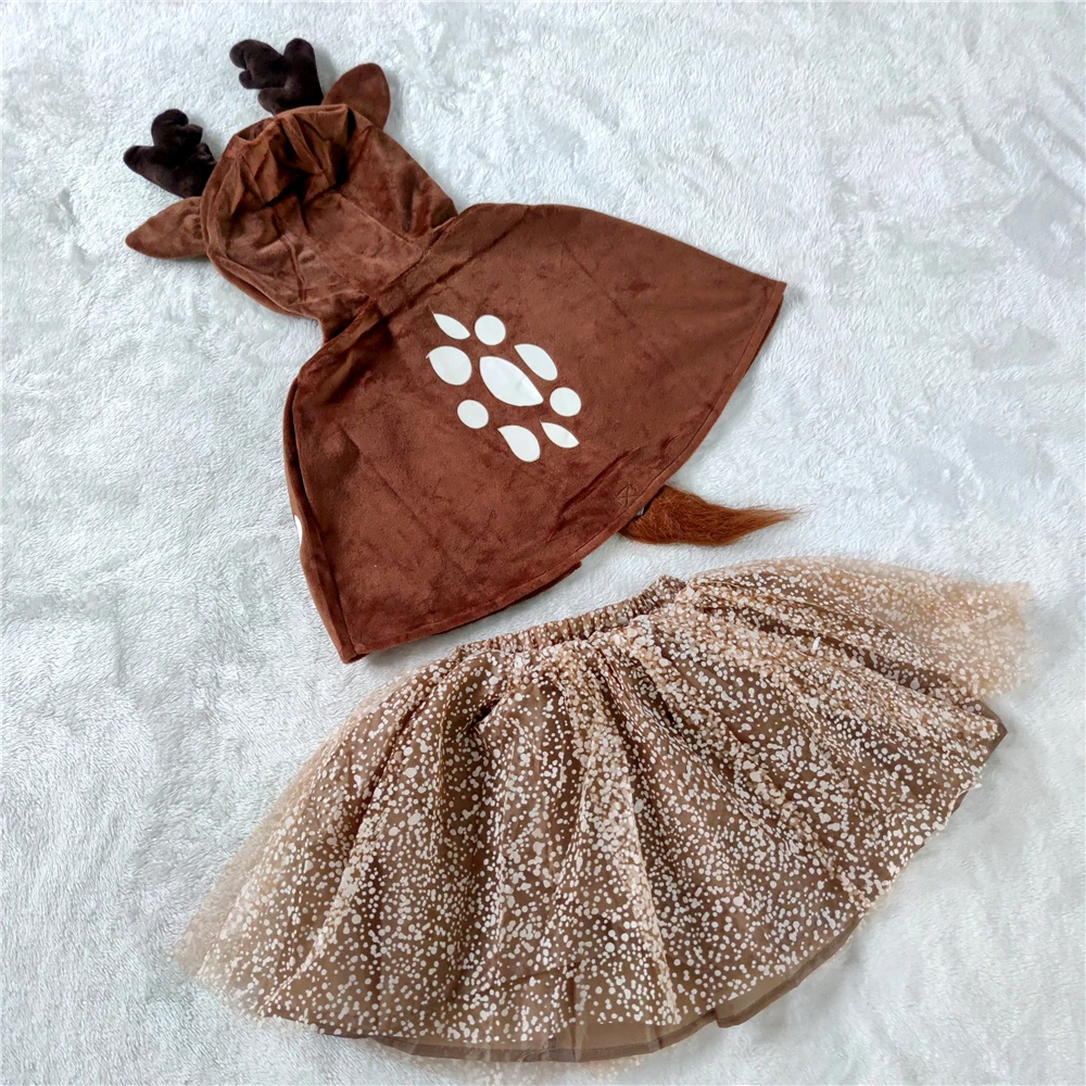 Girls Kids Brown Deer Tutu Dress With Horn Christmas Elk Reindeer Costume Hooded Cape Party Dance Tutu Animals  Dress