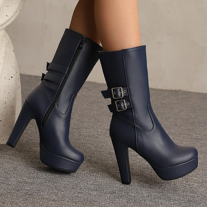 

Women's Mid-calf Boots Winter Autumn Shoes Platform Red Black Yellow White Short Boot High Heels Footwear Shoes Ladies Big Size