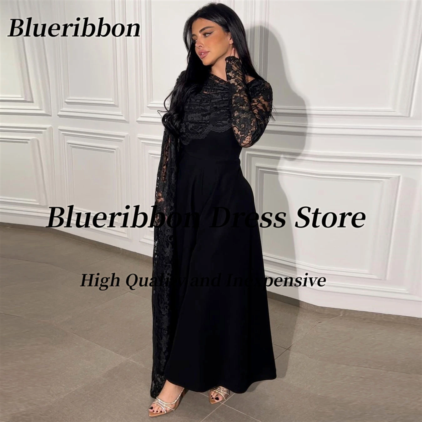 

Blueribbon Saudi Arabia Ladies Wear Black Prom Dresses Lace Long Sleeve Wraps Evening Dress Zipper Back Formal Occasion Gowns