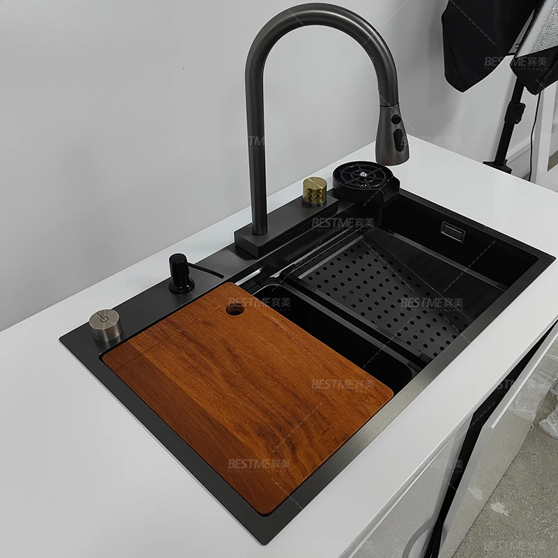 New design Nano Black Sink Stainless Steel Basin High Pressure Cup Washer Kitchen Handmade Sink Waterfall Washing sink