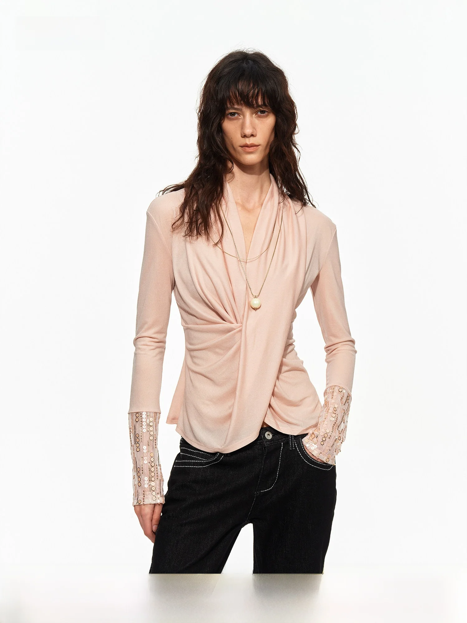 PRRP 88 Long Sleeve T-Shirt Women's Slim Fit Heavy Embroidery Cross Neckline Waist Cinching Pearl Bead Cuff Vintage Style Top