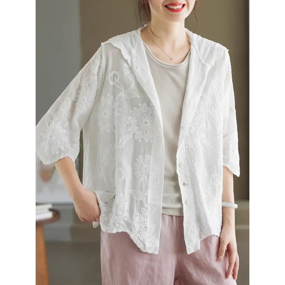 

Dimanaf New Summer Women Lace Coat Short Short Sleeve Hat Basic Fashion Tops Lace Tees Casual Loose White Tees