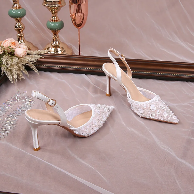 2025 Summer Lace Floral Wedding Shoes Women Back Strap High Heel Bridesmaid Sandals for Women French Party Heels Sandalias Mujer view 4