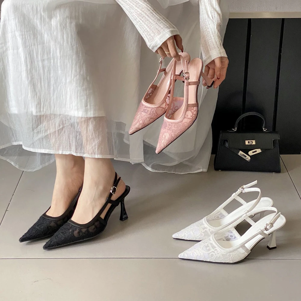 

High Heels Sandals Women's Slingback Dressy Pumps Pointed Closed Toe Ankle Buckle Strap Sexy Summer Lace Pumps Stiletto 3.15inch