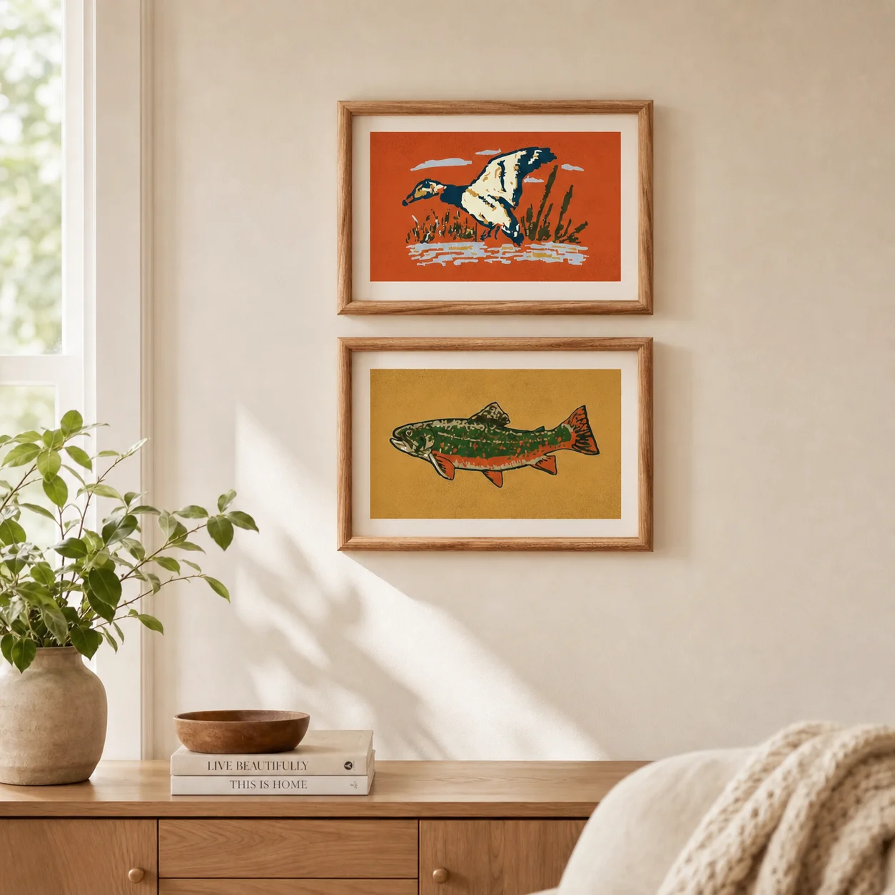 Retro Wildlife Prints Outdoors Art Mallard + Fish Posters,High‑Grade Home Decoration Artwork for Bedroom, Living Room, Office