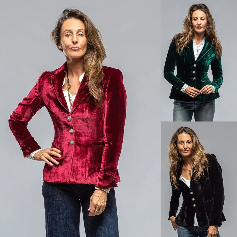 

Women's Spring and Autumn Top Coat Suit Long Sleeve Velvet Pocket Retro Comfortable Casual Fashion Soft Niche Versatile Skinny