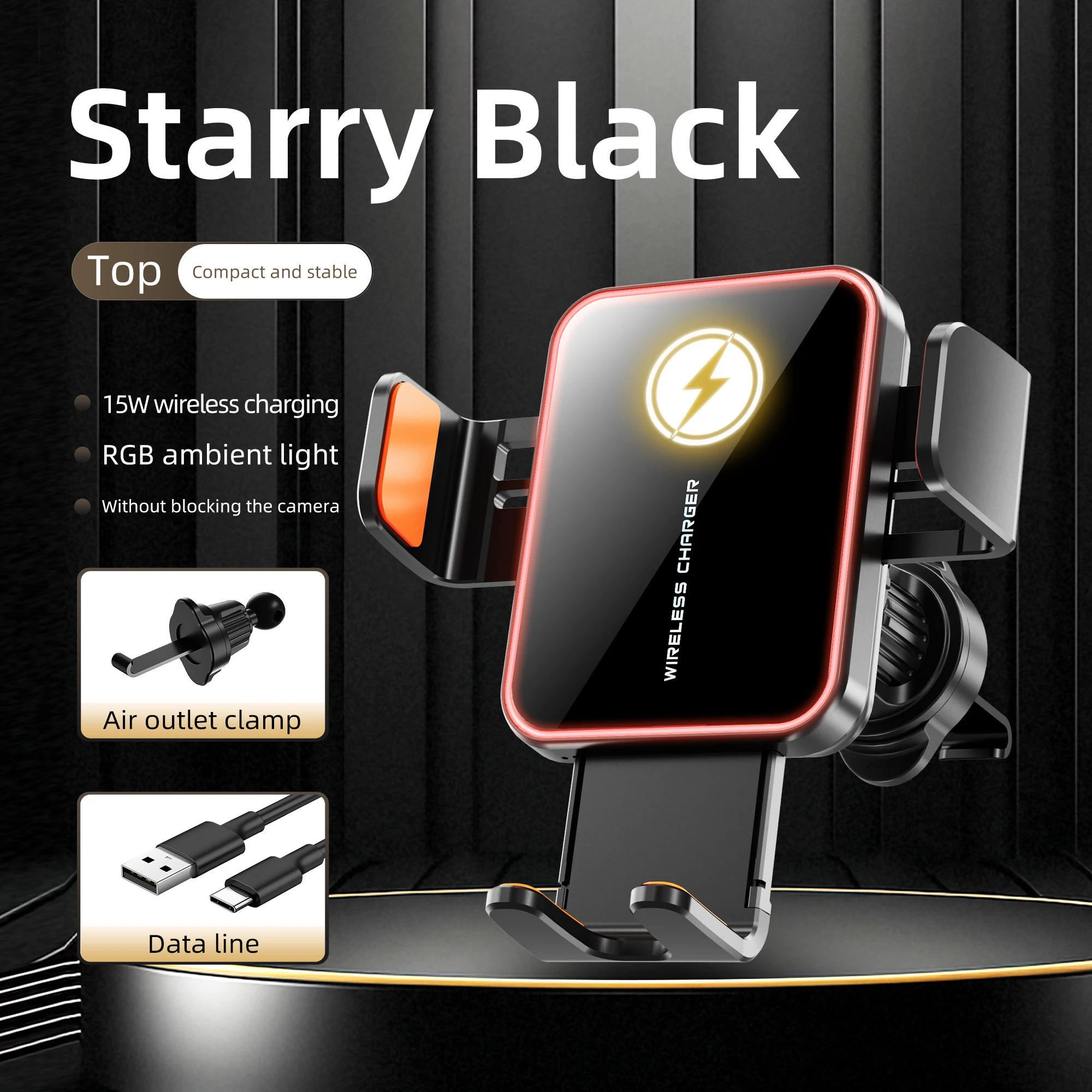 

Dual power wireless car charger with automatic clip and bracket for releasing water environment light effect