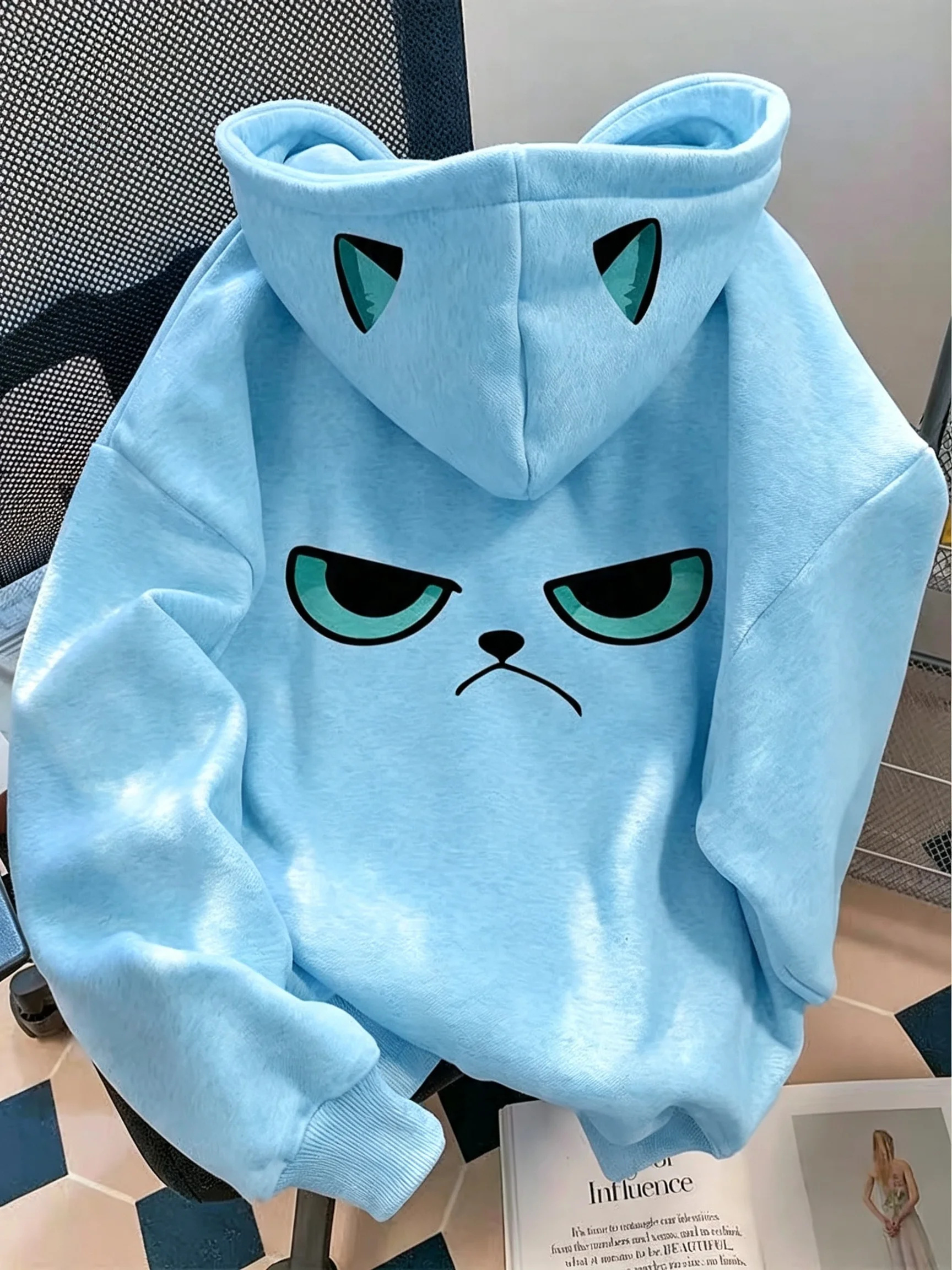 Cartoon Grumpy Cat Print Hoodie For Women Creative Hood Cat‑Ear Design Long Sleeve Casual Oversized Hooded Pullover Sweatshirt