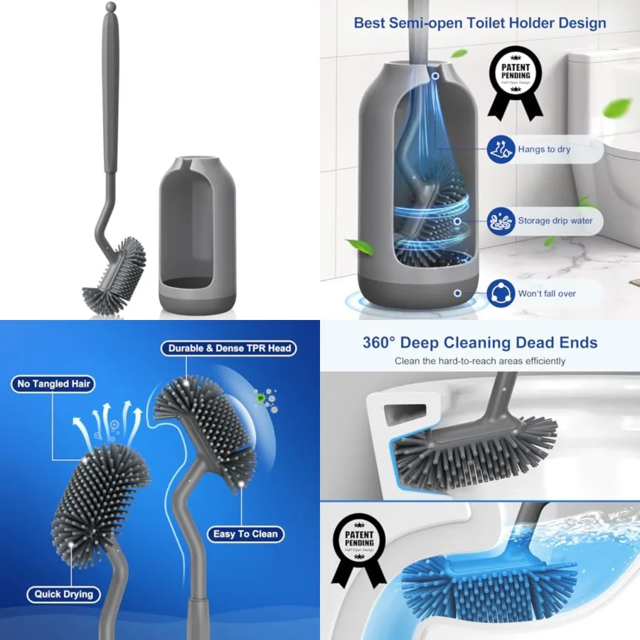 

Toilet Bowl Brush Holder Set: Deep Cleaning Silicone Toilet Cleaner Scrubber Under Rim with Curved Bristle for Bathroom Dead Co
