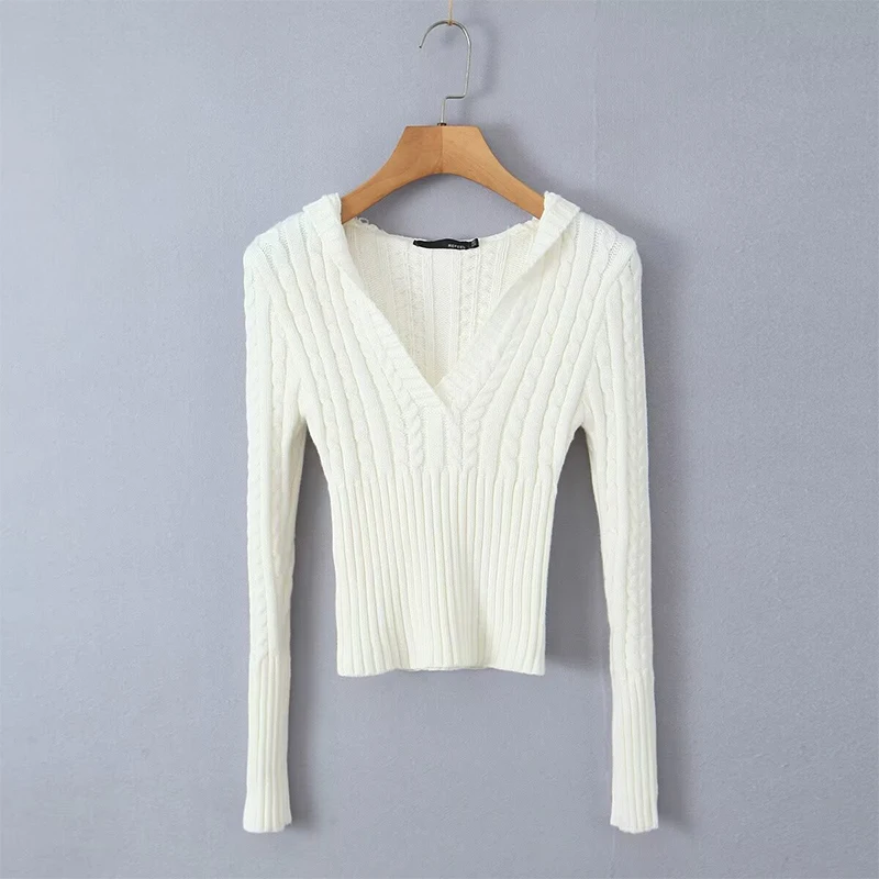 YENKYE New Autumn Women Solid Twist Knit maglione con cappuccio Vintage manica lunga Slim Crop Pullover grigio bianco maglione top