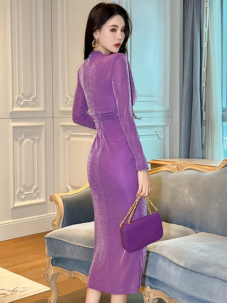 Sexy Nightclub Style Prom Dress Women Elegant Purple Shiny Bright Rhinestone Pleated Folds Slit Robe Lady Evening Party Vestidos