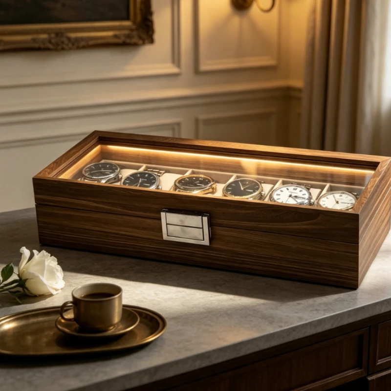 6-Slot Wooden Watch Display Box with Black Walnut Finish, Storage Organizer Case for Men's Watches, Gift-Ready Packaging