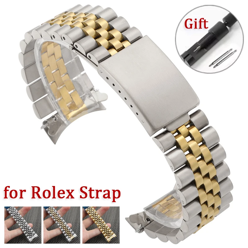 Luxury Curved End Stainless Steel Watch Band for Rolex DATEJUST Strap 18mm 19mm 20mm 21mm 22mm Five-Link Metal Belt with Tool