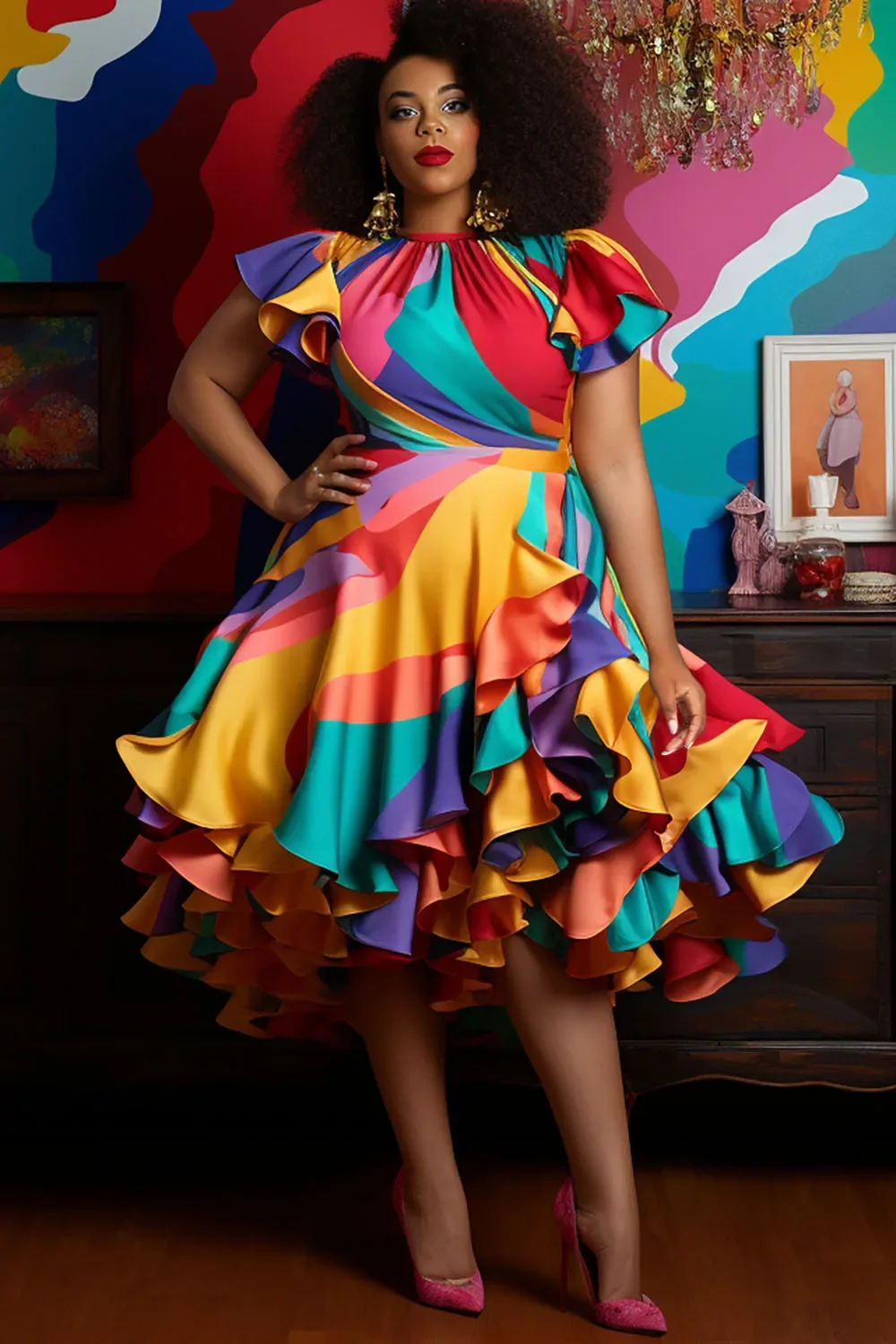 Pleated A-Line Ruffle Dress Plus Size Multicolor Round Neck Petal Sleeve Short Sleeve Elegant Sweet Satin Midi Dress Vintage