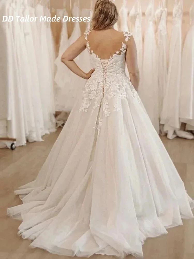 Abito da sposa taglie forti Cinghie A-Line Tulle avorio Abiti da sposa lunghi Applicazioni in pizzo Abiti da sposa personalizzati