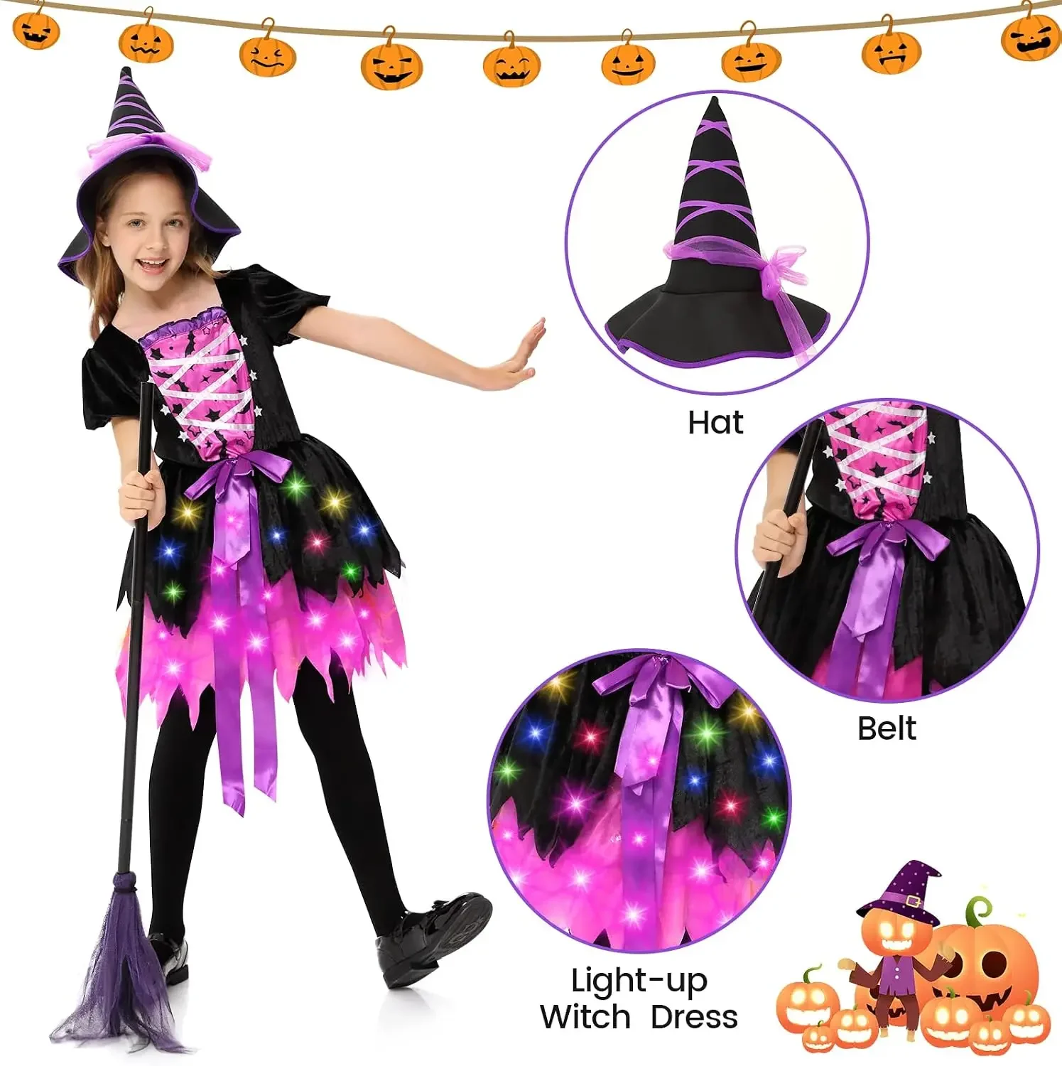 Halloween Girls Light-Up Pink Witch Costume with Hat Kids Fancy Dress Outfit Carnival Cosplay Party Role Play  for Parties, Photos and Pretend Play