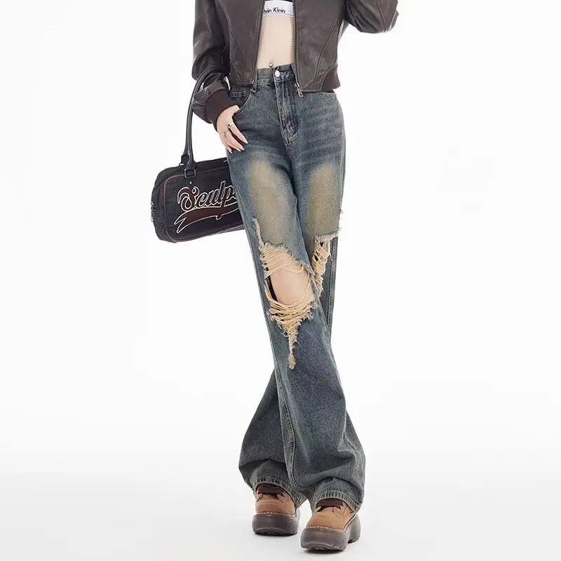 Jean ผู้หญิงตรงกางเกงยีนส์สุภาพสตรีเสื้อผ้าผู้หญิงกางเกงยีนส์เอวสูง Y2k Shoujo สาวสไตล์ผู้หญิงกว้างกางเกง Coquette Baggy ขา