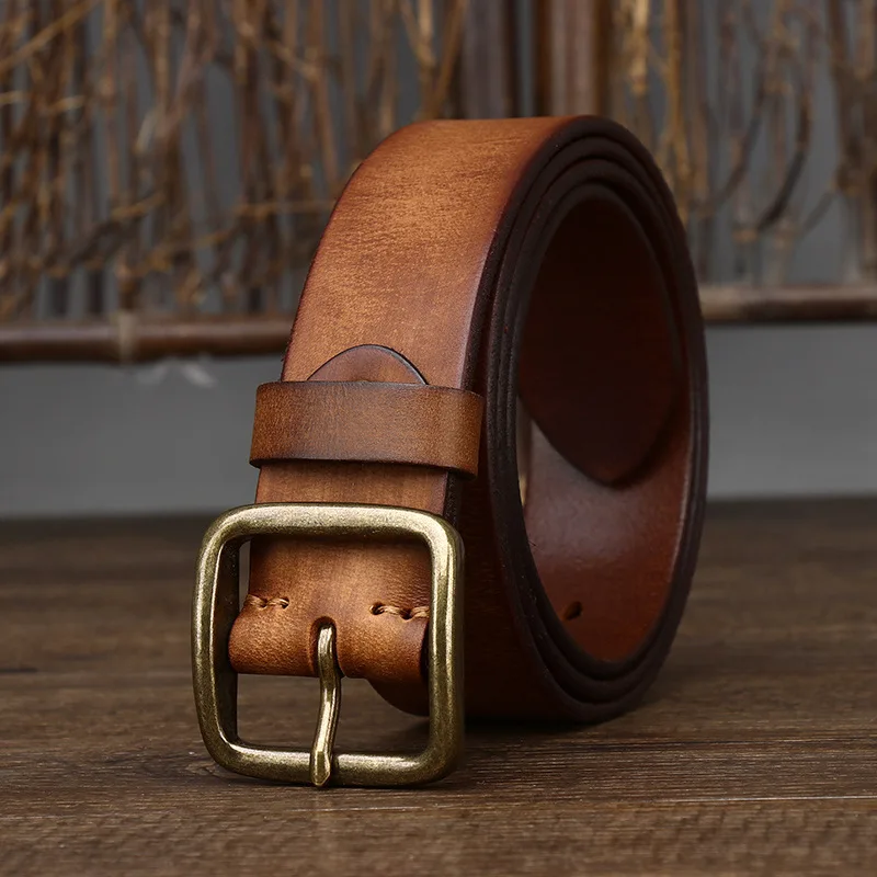 

Trendy Genuine Leather Belt with Brass Buckle for Men, Korean Style Fashion Accessory