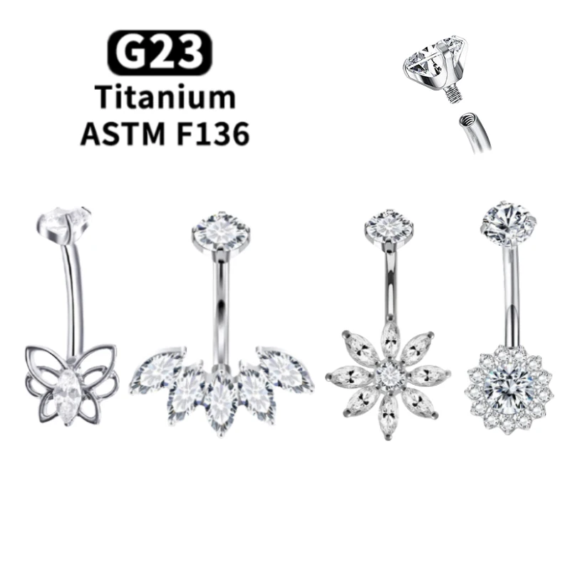 

1Pc G23 Titanium Belly Button Ring 14G Double CZ Internal Thread Navel Nail Hypoallergenic Women's Navel Piercing Jewelry