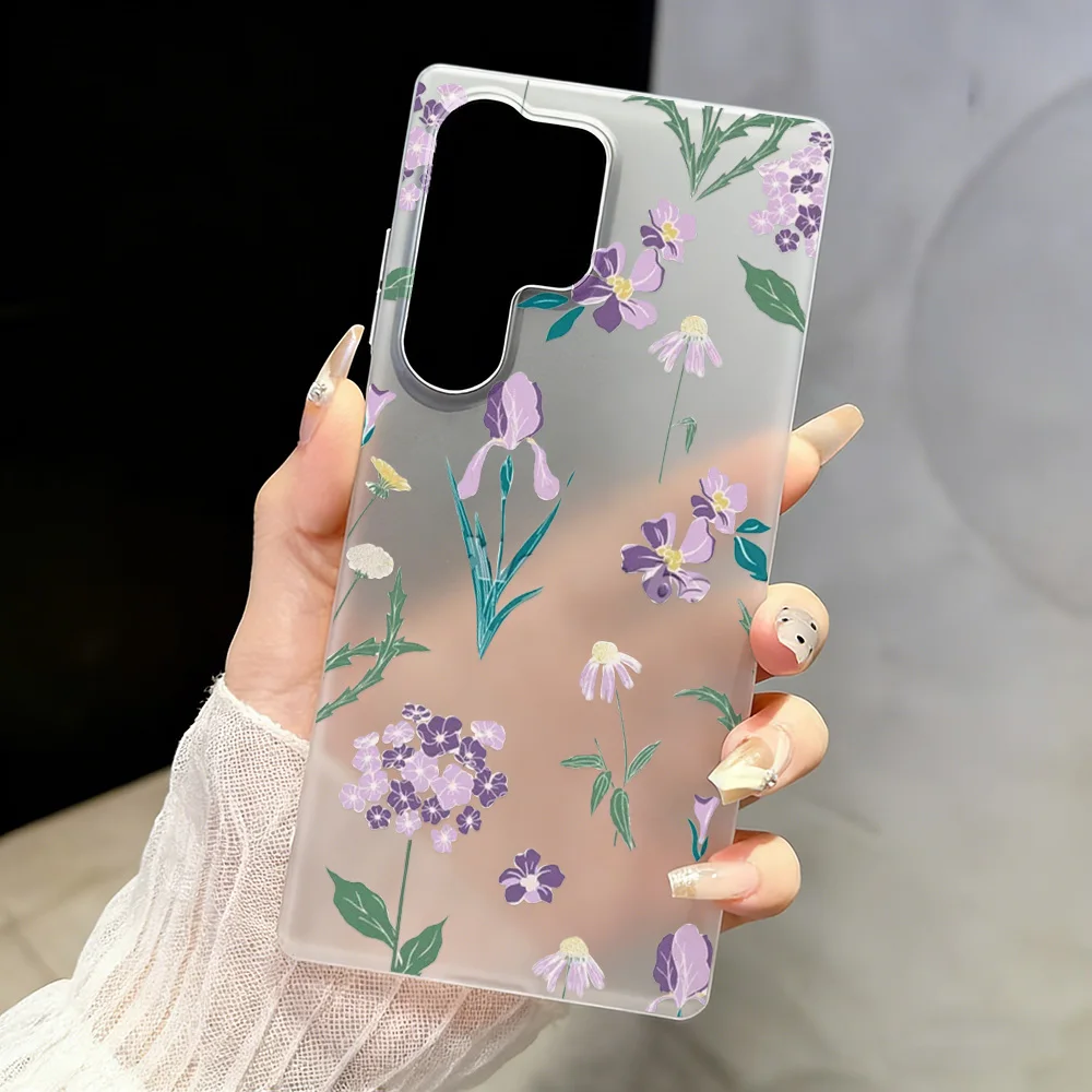 Transparent Matte Case for Samsung Galazy A06 A36 A35 A56 A54 A53 A26 A17 S26 S25 Ultra S23 S24 FE Purple Iris Floral Frosted