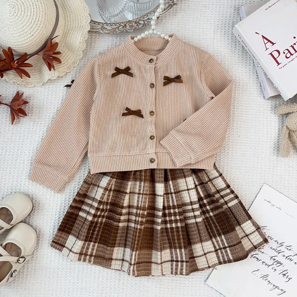 3-7 Years Old Spring Autumn Khaki Girls' Clothing Korean Version Bow Decoration Long Sleeved Top + Plaid Skirt Sets for Children
