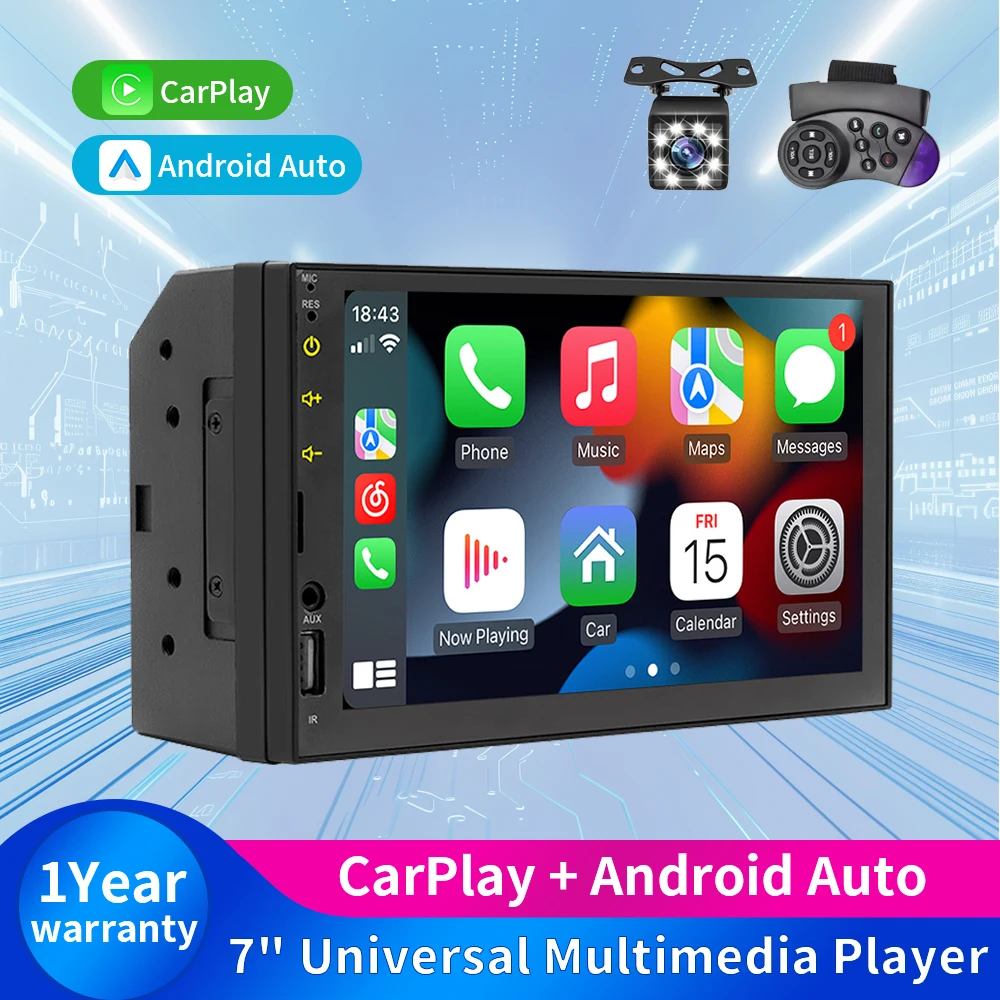 7 Inch Wireless Carplay Android Auto Car MP5 Player USB TF FM Multimedia Player HD Touch Screen Car Radio 2 Din Rear View Camera