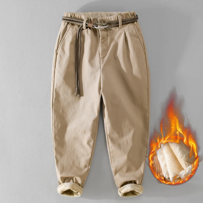 

Winter Pants Men American Style khaki Work Elastic Waist Fleece-lined Pants with Belt Casual Keep Warm Baggy Pants Daily