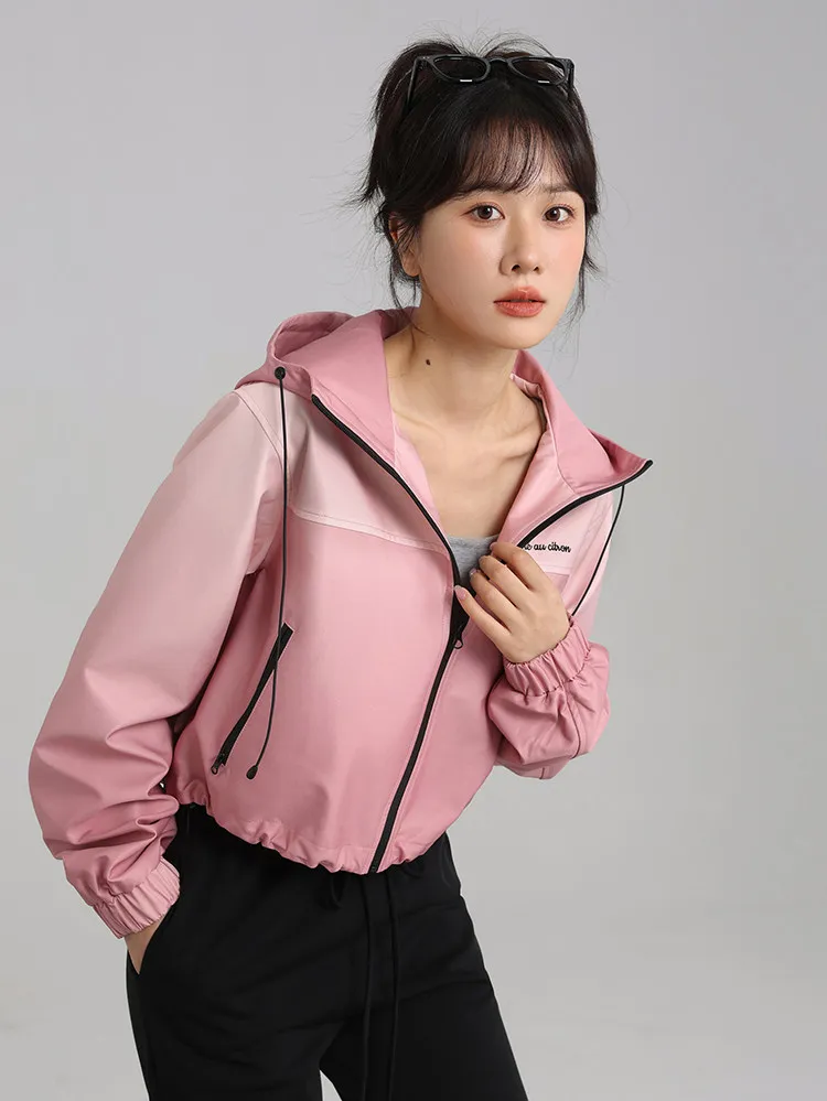 Gradient Hooded Short Jacket Women Lady Lightweight Windbreaker Coat Casual Outdoor Zip Up Crop Jacket Chic Spring Outerwear