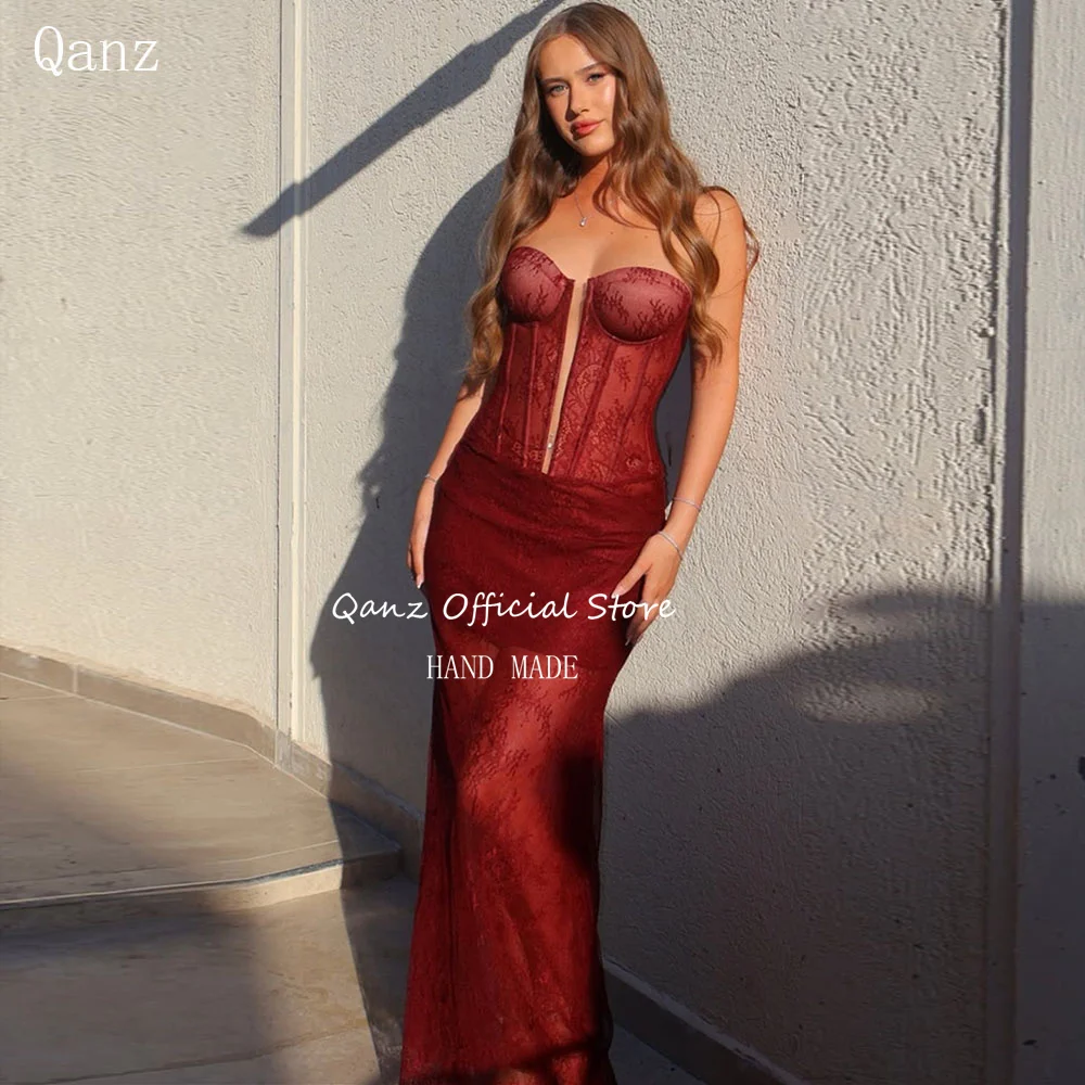 

Qanz Elegant Lace Appliques Evening Dress Burgundy Mermaid Sweetheart Women Vestido De Festa Wedding Guest Sresses Customized