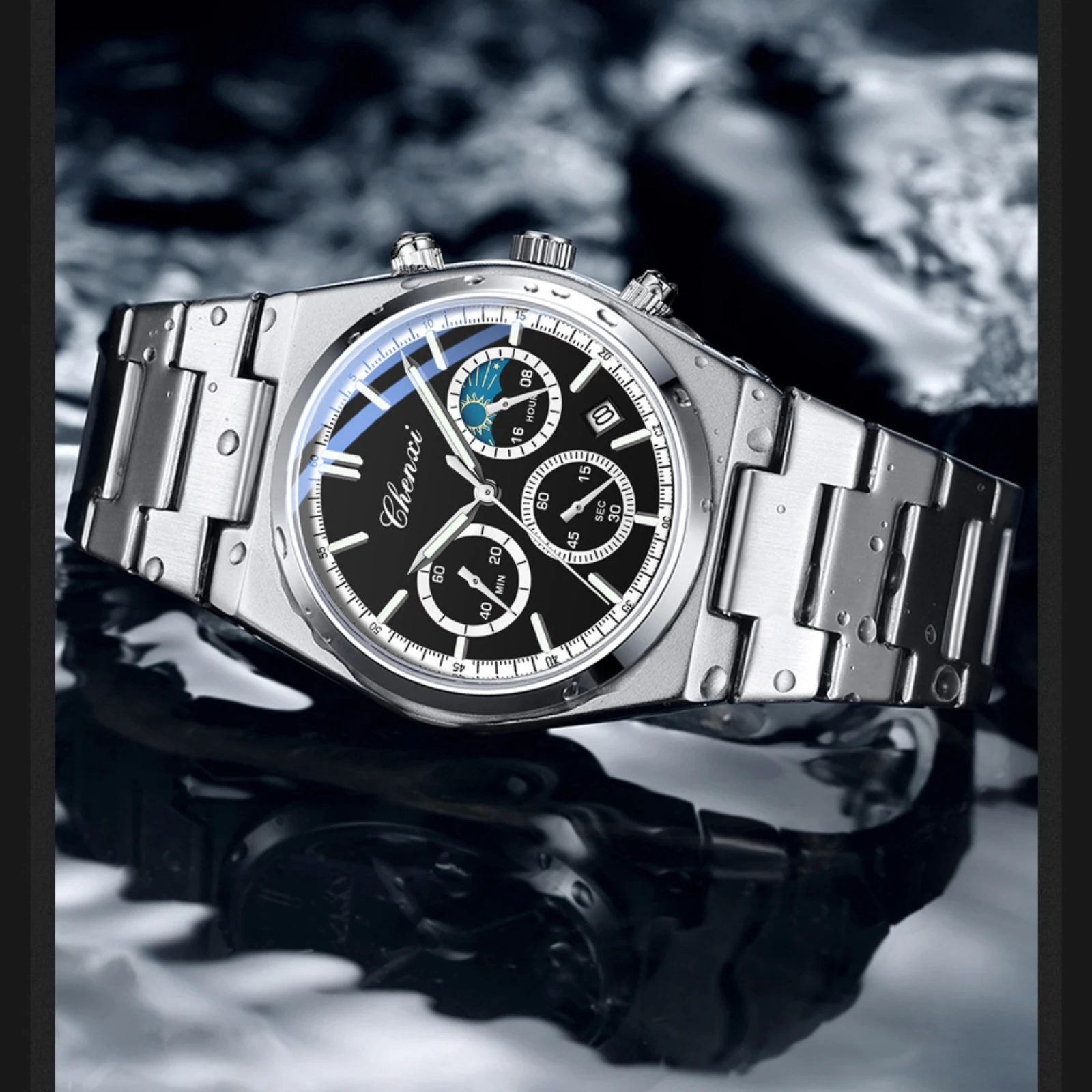 CHENXI 983 Multi Functional Calendar Moon Phase Timing Night Light Waterproof Steel Strip Watches for Men Relojes Para Hombres