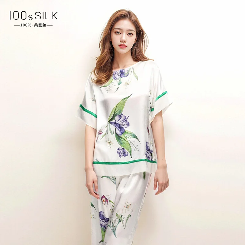 Cooling Ice Silk Pajamas Women Summer Short Sleeve Long Pants Set Anti-wrinkle Can Be Worn Outside Loungewear