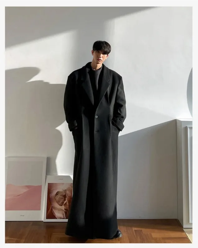 

Autumn Winter Extra Long Warm Black Loose Casual Wool Blends Coat Men Luxury Floor Length Overcoat Korean Fashion