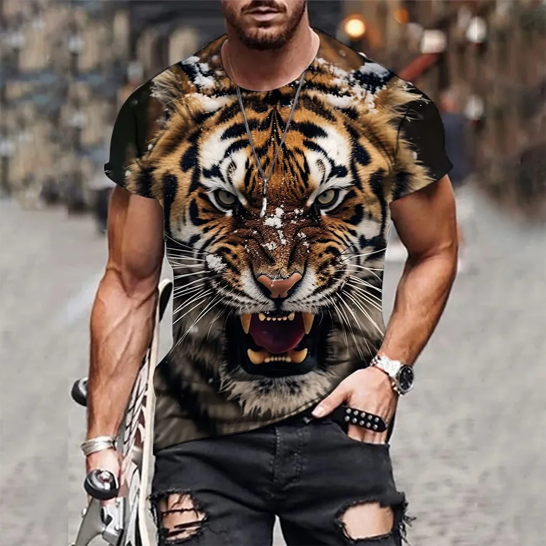 

26 Popular Men's Short Sleeve Round Neck T-Shirt 3D Tiger Pattern Breathable Elastic Casual Fashion Outdoor Party Wear