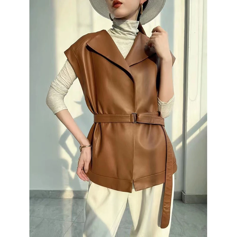 Genuine Leather Gilet Spring Women Lapel Belt Waist Closing Slim Colete Feminino Sheepskin Simple Casual Sleeveless Jackets Tops