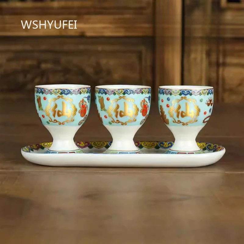 Enamel Colored Triple Wine Glass Ceramic High Footed Wine Glass Household Worship Cup Buddhist Supplies Buddha Hall Decoration
